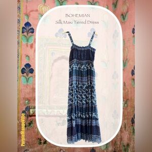 SILK BOHEMIAN MAXI TIERED FLORAL & PAISLEY PRINT DRESS | Size S to M